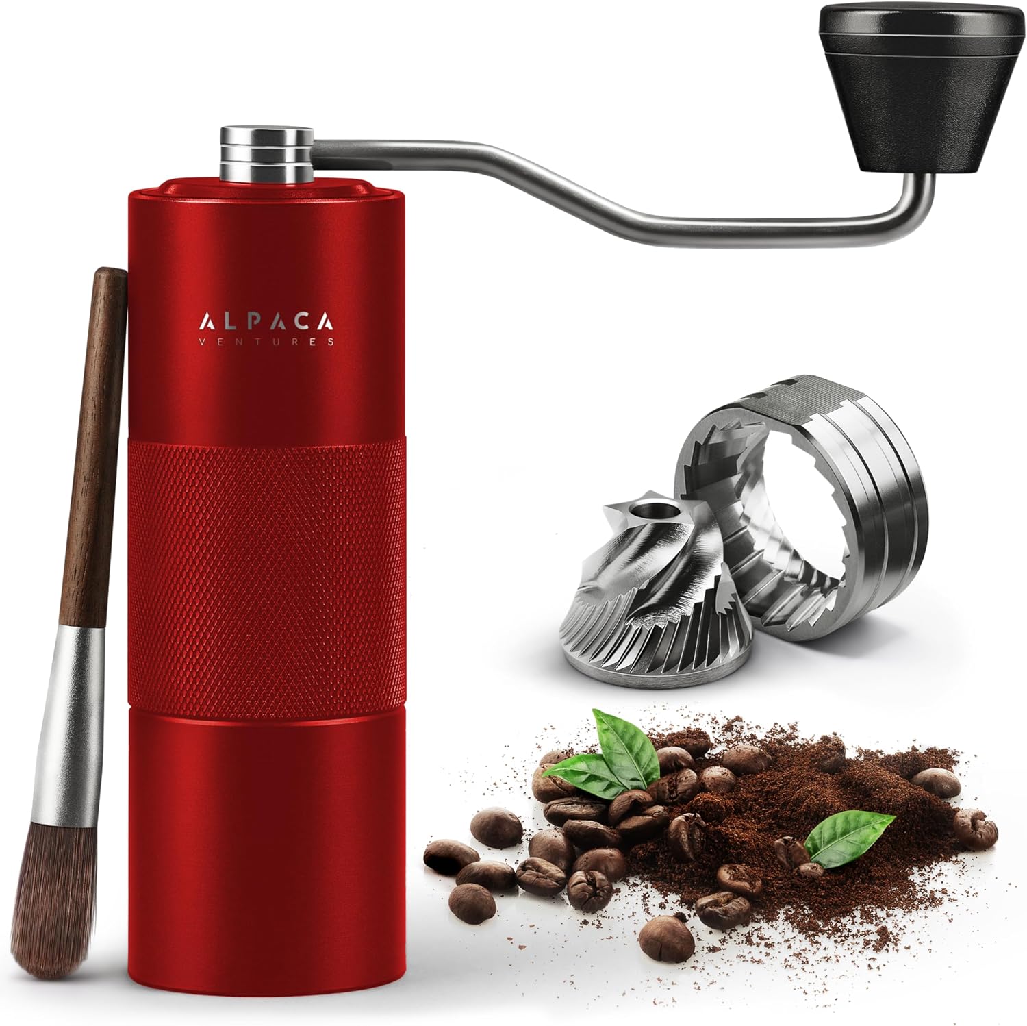 Goji Berry metallic red Alpaca manual coffee grinder with cleaning brush, conical burr set and coffee beans